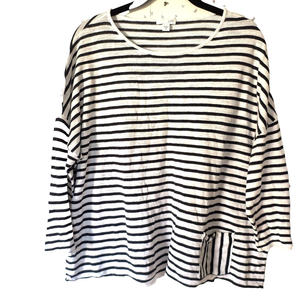 J. Jill Top XL Black & White Striped Linen/Cotton/Blend Pocket Coastal Beach